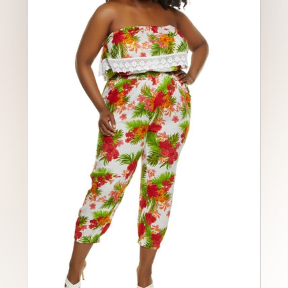White & Floral Print Jumpsuit Plus Size
